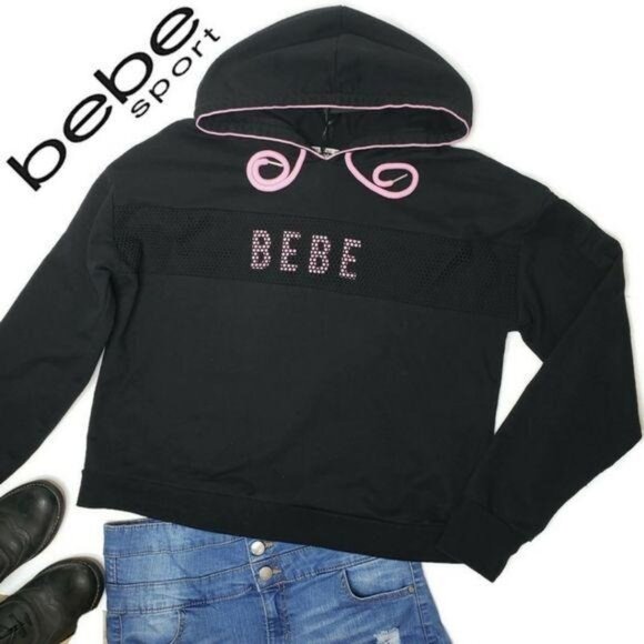 Bebe NWT Sport Black Rhinestone Logo Pullover Hoodie Womens Sweatshirt Large - Picture 2 of 5